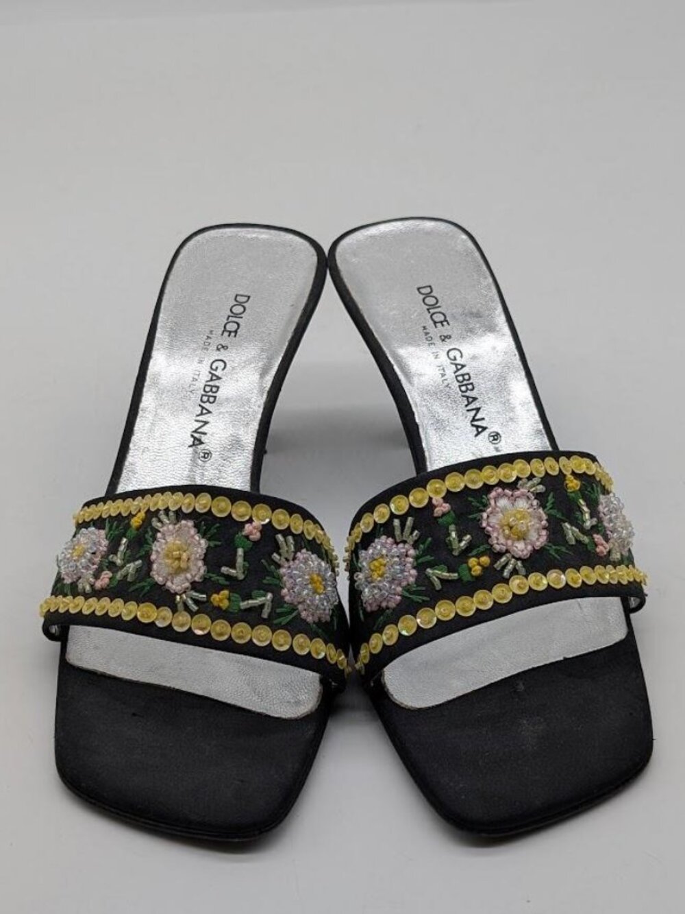 Authentic Dolce & Gabbana Black Satin Beaded Mule Heel Sandals Womens Sz 35